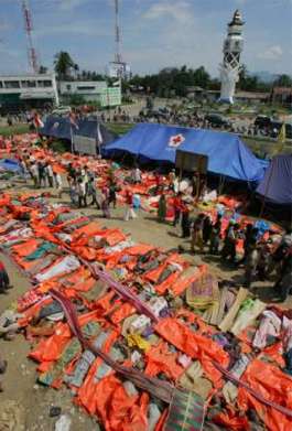 Aerial view of the bodies of thousands of victims of the tsunami which hit the Indonesian city of Banda Aceh December 27, 2004. Soldiers searched for bodies in treetops, families wept over the dead laid on beaches and rescuers scoured coral isles for missing tourists as Asia counted the cost on Monday of a tidal wave triggered by an earthquake that killed tens of thousands.