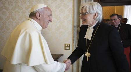 Francis greets the Archbishop of the Church of Sweden, Antje Jackelén. 