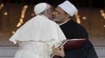 Francis embracing with al-Alzar’s Imam Ahmed el-Tayeb in the United Arab Emirates in 2019.