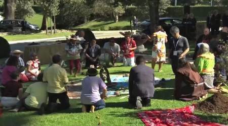 People kneel to Pachamama during pagan rite in Vatican Gardens prior to opening of Amazon Synod, Oct. 4, 2019.