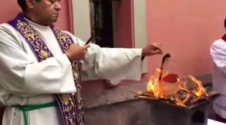 Fr. Hugo Valdemar burns Pachamama effigy in Mexico City, Nov. 3, 2019.