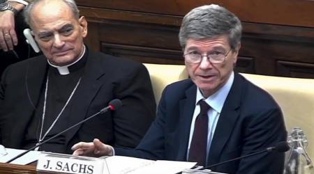 Jeffrey Sachs, with Bishop Marcelo Sanchez Sorondo on his right, speaks at Vatican-run conference on ‘New Forms of Solidarity’ in Rome, Feb. 5, 2020. 