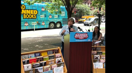 Randi Weingarten, president of one of the largest teachers' unions in the U.S., speaks at a “banned bookmobile tour” stop where they encouraged kids to read “banned books.”