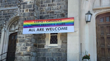 Pro-LGBT welcome sign on a Catholic church