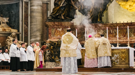 Holy Pontifical Mass in an ancient rite at the Saint Peter's Chair, Mass in Latin, in the Basilica of Saint Peter's in the Vatican, pilgrimage Summorum Pontificum